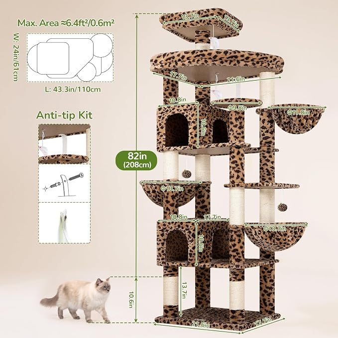 Globlazer Extra Large Leopard Cat Tree 82in Tall Heavy Duty Cat Tree for Indoor Cats Large Adult Big Cat Tower with 8 Scratching Posts, 2 Condos, 2 Padded Perches, 3 Baskets, S82, Leopard Print