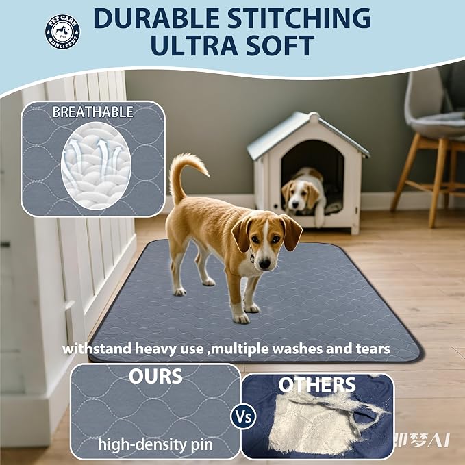Bunlitent Washable Pee Pads for Dogs 48" x 48", Reusable Puppy Pads 3 Pack | Grey, Reusable, Fast Absorbent, Waterproof, Non-Slip, For Whelping, Training, Incontinence & Potty, For Dog Playpen, Crate
