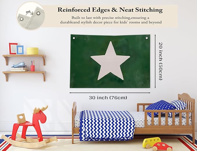Retro Dark Green Star Canvas Banner, Kids Boys Room Pennant Flag Wall Art for Boys Room Bedroom Playroom, 30x20 in