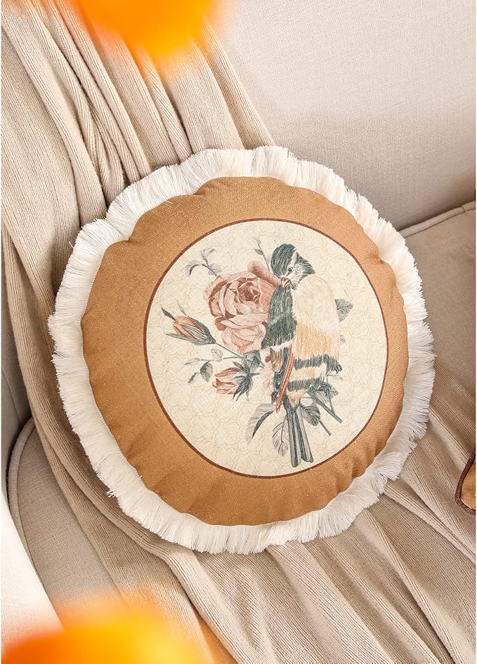 patdrea French Vintage Linen Pillow Cover,Diameter 16"-ParkerEstate D | Decorative Pillow Case with Zipper,Bird and Floral Pattern,Cushion Coverfor Couch Living Room Bedroom Sofa