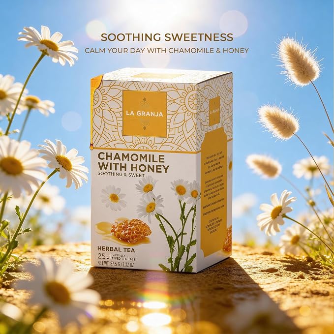 Life Plus Style Gourmet La Granja Pure Chamomile Honey Tea 25 Individually Wrapped Tea Bags Caffeine Free Herbal Infusion Tea Natural Drink Tea Gift for Women & Tea Lovers