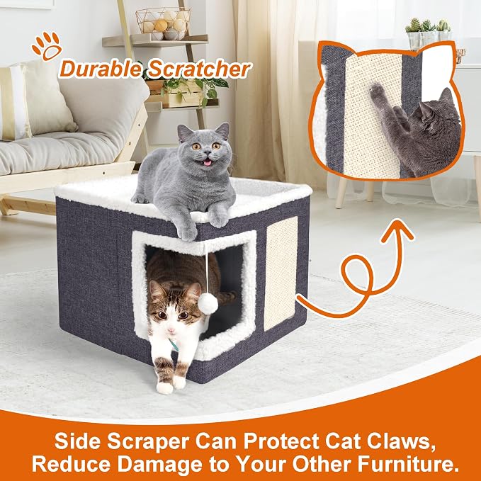 Loyareal Cat Houses for Indoor Cats - Large Cat Bed Cave with Scratch Pad and Fluffy Ball, Foldable Cat Condo Hideaway with Reversible Cushion for Multi Small Pet, Dark Grey