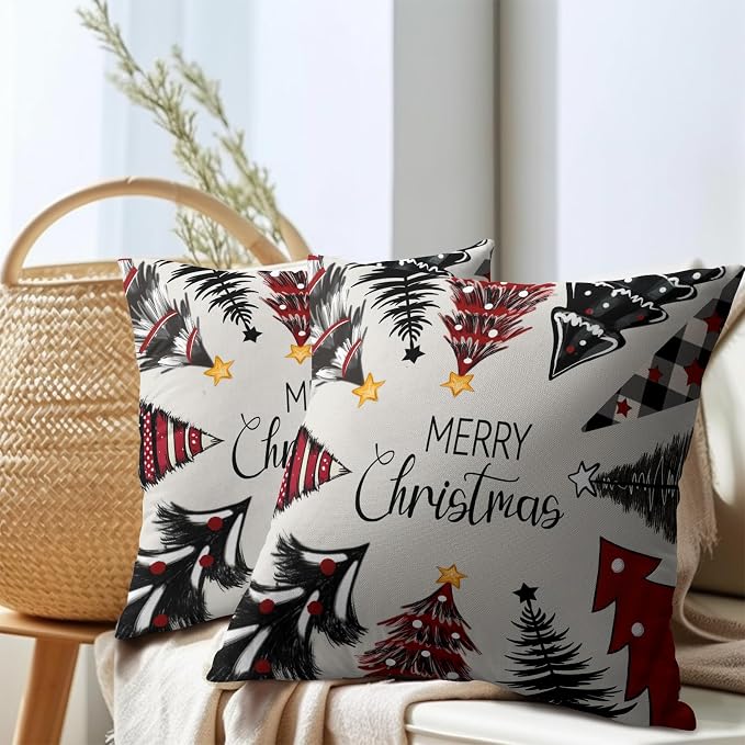 Kawani Merry Christmas Throw Pillow Covers 20x20 Inches, 2 PCS Red Black Buffalo Plaid Xmas Pine Trees Cotton Linen Square Pillowcase Cushion Case for Bed Couch Winter Holiday Home Decor