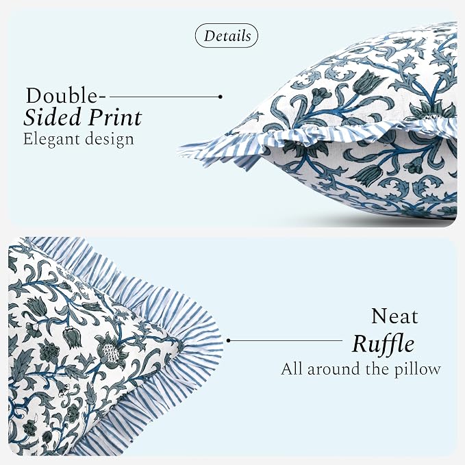 CPC Ocean Vine Hand Block Print 100% Cotton Ruffle Throw Pillow Cover 20x20 inch with Hidden Zipper Decorative for Couch, Bed, Sofa, Farmhouse, Cottagecore Decor Gift Christmas Fall Thanksgiving