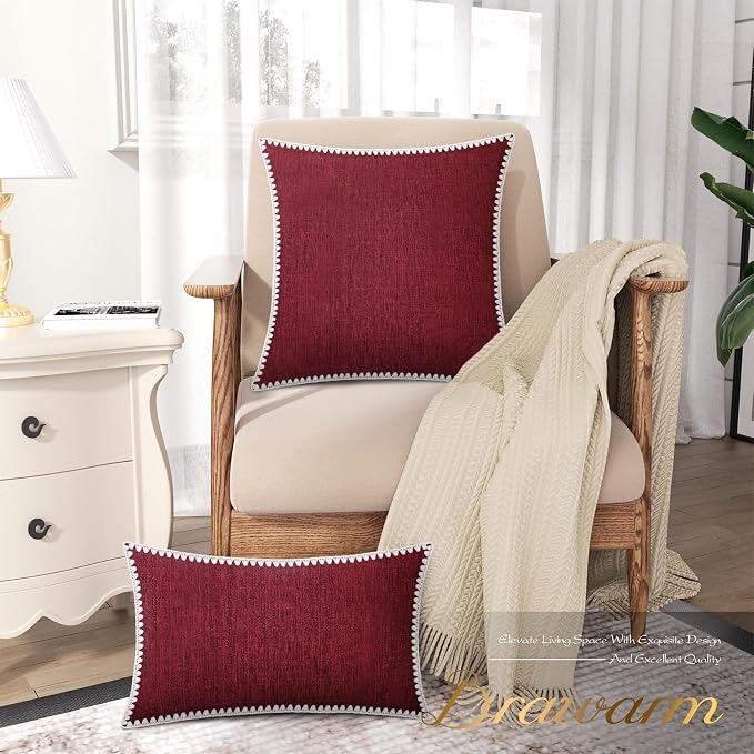 BRAWARM Chenille Throw Pillow Covers 12x20 Inches, Burgundy, 2 Pack | Decorative Lumbar Pillow Covers with Shell Edge, Soft Cushion Cases for Sofa Bed Living Room Home Farmhouse (No Insert)