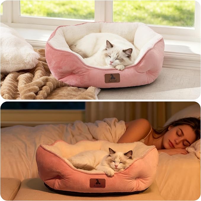 Small Dog Bed for Small Dogs, Cat Beds for Indoor Cats, Pet Bed for Puppy and Kitty, Extra Soft & Machine Washable with Anti-Slip & Water-Resistant Oxford Bottom, Pink, 20 inches