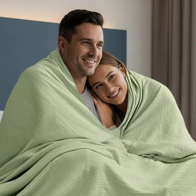 Utopia Bedding Cotton Blend Sage Green Waffle Blanket Queen - 90x90 Inches | Lightweight, Skin Friendly, Breathable, All Season, Luxury, Bed, Couch, Sofa