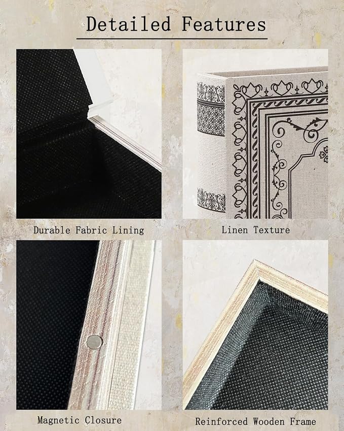 Decorative Wooden Book Box - Vintage Faux Book Boxes for Home Decor, Secret Storage with Magnetic Closure, Antique Style, Linen Cover Design, Perfect for Home Office Bookshelf, 10x7x1.6 Inches