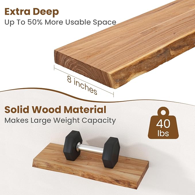 Floating Shelves for Wall Decor, Rustic Solid Elm Wood Live Edge Floating Shelves Wall Mounted, Wall Shelves with Invisible Bracket for Living Room Bathroom Bedroom Kitchen, 20 Inch Set of 2, Natural
