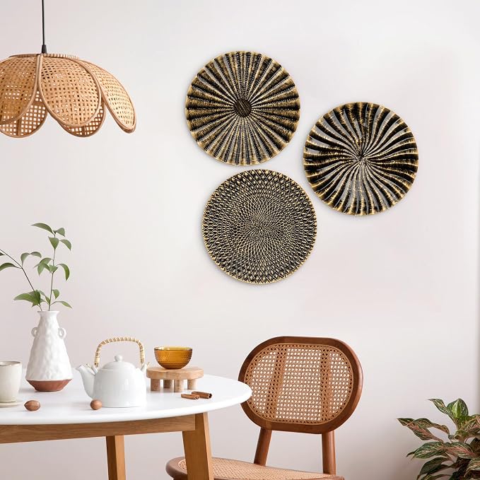 Briful 12" Wall Décor Pack of 3 Metal Gold & Black Washed Starbursts Radial Plate Wall Art Modern Accent Hanging Wall Decorations For Home Office Bedroom Or Living Room Wall Sculptures