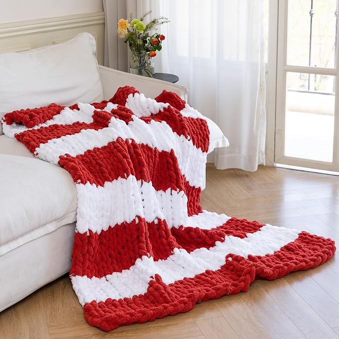 Chunky Knit Blanket - Luxury Soft Cozy 50 * 60 Throw Blanket,100% Woven Blanket Rope Knot Throw Blanket for Couch, Sofa, Home Decor, Gift - Machine Washable (White/Wine red, 50 * 60)