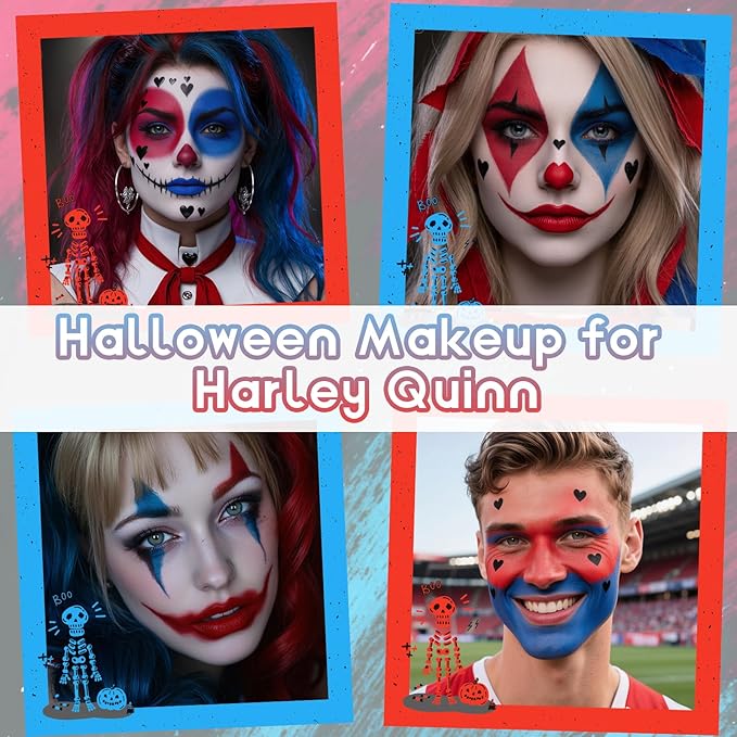 Halloween Makeup Kit for Harley Quinn Cosplay, Red and Blue Clip in Hair Extensions & Face Body Paint Stick, Black Eyeliner Stamp, Costume Accessories for Harley Quinn SFX Looks