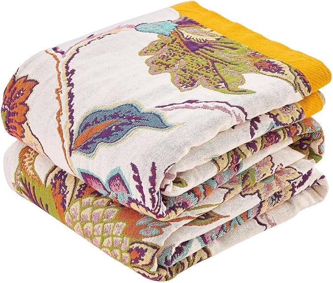 XIBLC Boho Throw Blanket 100% Cotton Vintage Blanket Muslin Woven Flower Decorative Throw Blankets All Season Bohemian Rustic Farmhouse Decor Quilt for Bed (Beige 80"x90")