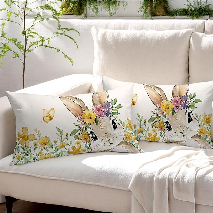 Spring Easter Bunny Lumbar Pillow Covers 12x20 Inch Set of 2 Watercolor Yellow Floral Leaf Rabbit Throw Pillow Cases Outdoor Linen Square Cushion Cover Farmhouse Decor for Bedroom Home Sofa Couch Bed