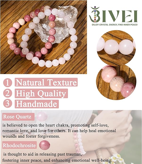 Bivei Natural Gemstone Semi Precious Healing Crystals Handmade Stretchy Round Beads Bracelet,Stocking Stuffers for Women Enhance Positive Energy