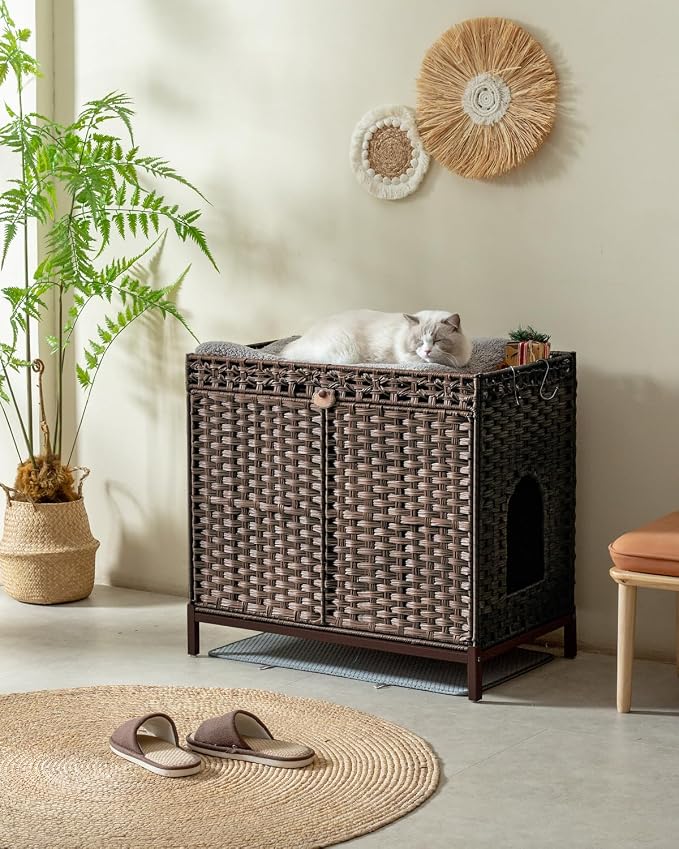 SETVSON Cat Litter Box Enclosure Furniture, Hidden PE Rattan, Brown | Large PE Rattan Kitty House with Metal Heightened Feet, Fits Big Covered Litter Boxes, Litter Mat, 2 Hooks, Frame