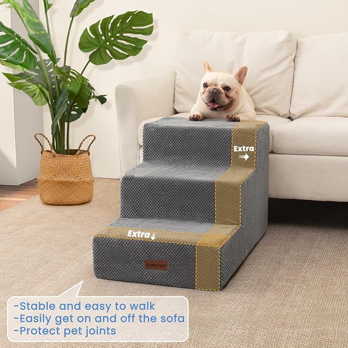 Aodisman Dog Stairs for Small Dogs,Wider 3-Step Pet Steps for Couch & Bed | High-Density Foam Dog Steps with Anti-Slip Bottom,Easy for Puppies,Older Cats & Dogs to Reach Sofas & Chairs,Grey,15.7" H