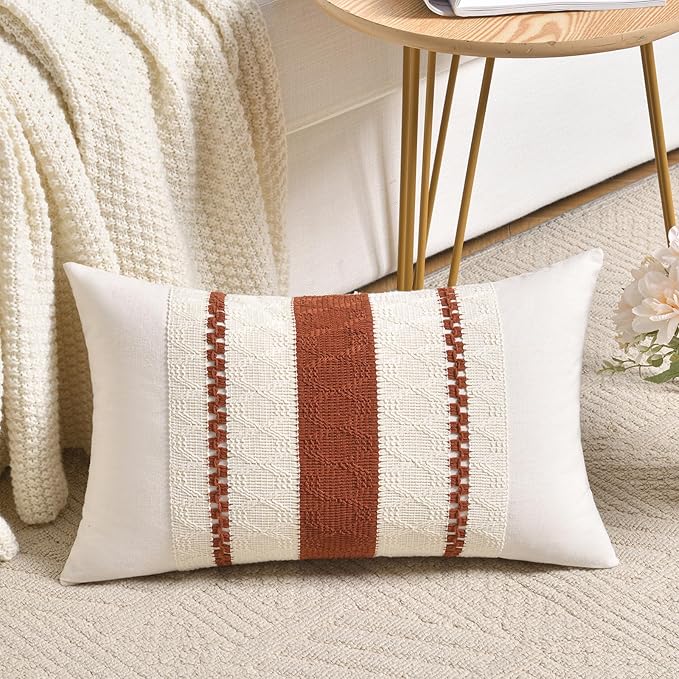 Fancy Homi Set of 2 Rust Boho Long Lumbar Decorative Throw Pillow Cover 16x24 Inch for Couch Bed Sofa, Aesthetic Modern Organic Fall Room Decor, Soft Cotton Cute Terracotta Farmhouse Cushion Case Gift