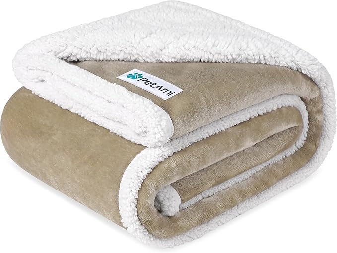 PetAmi Waterproof Dog Blanket for Medium Large Dog Pet, 60x40, Taupe | 460 GSM Sherpa Fleece Reversible, Pee Proof Cat Blanket, Furniture Protector Cover for Couch Bed Sofa Kennel, Washable, Large