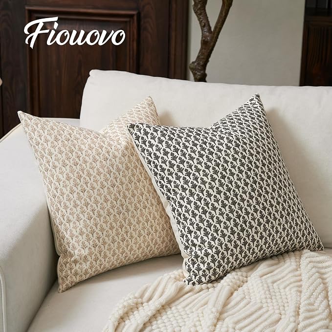 FIOUOVO Floral Pillow Covers 18x18 Pillow Cover Block Print Couch Pillows for Living Room Decorative Neutral Accent Throw Pillow Covers, 1PC, Charcoal Black