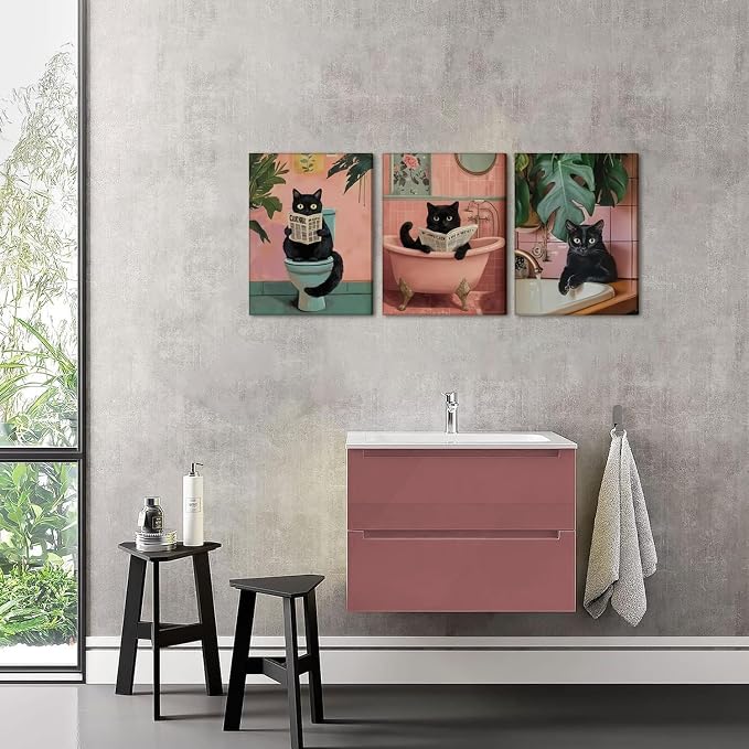 Funny Pink Bathroom Cat Wall Art Painting Set of 3 Maximalist Cute Black Cat Bathroom Wall Decor, Eclectic Animal Restroom Poster Canvas Prints Pictures 16x24 inch Framed