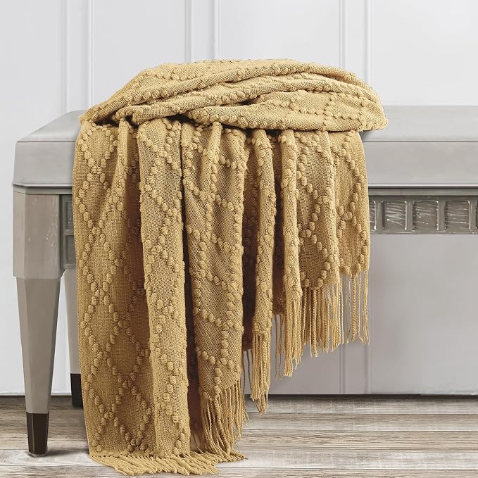 BOURINA Mustard Throw Blanket 50 x70 Inch Jacquard Throw Knitted Blanket | Jacquard Argyle Throw Textured Solid Soft Throws and Blankets for Sofa or Bed Knitted Decorative Blanket