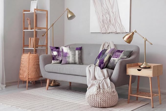 Purple Grey Abstract Throw Pillow Covers 18x18 Set of 4 | Lavender & Grey Modern‑Art Cushion Cases, neutral aesthetic pillowcases for sofa, bedroom & chair
