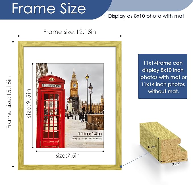 11x14 Picture Frame Set of 6, Wall or Tabletop Display, Gold | Display Pictures 8x10 with Mat or 11x14 Without Mat, Horizontal or Vertical, Gallery Wall Frame Set, Wedding Birthday Gifts