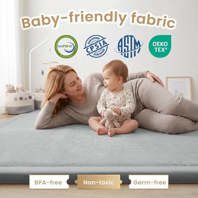 ACOMOPACK Baby Play Mat for Floor 1.3" Thick Memory Foam Play Mat 79"×118" Tummy Time Crawling with Non-slip Bottom for Living Room,Nursery,Soft Velvet Playpen Mats for Kids,Infants（Light Grey）