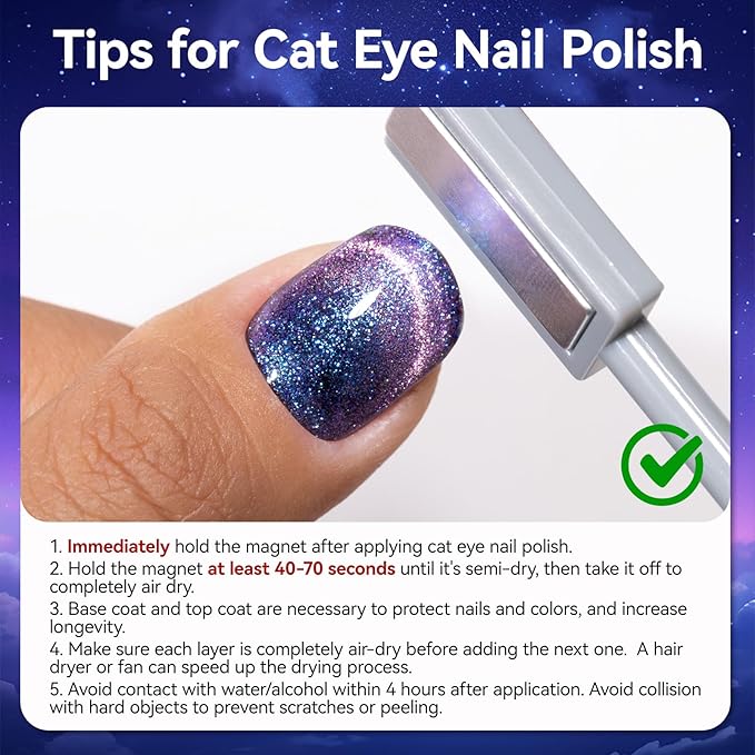 9D Cat Eye Nail Polish, Blue to Purple Double Magic Colors Galaxy Collection | Quick Air Drying | Rich in Castor Oil | Salon Home DIY Nail Art Travel Manicure Gift for Women Girls