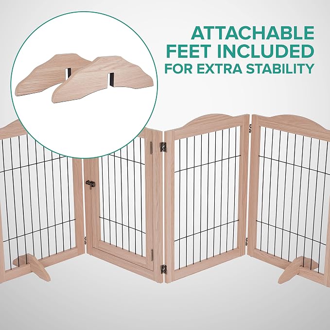Arf Pets Dog Gate with Walk Through Door, 4 Panel 360° configurable Freestanding Wooden Wire Fence, 80" Wide, 31.5" Tall, Foldable, Support Feet Included, for The House - Indoor Use