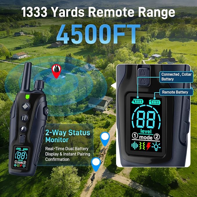 Shock Collar for Dogs - 4500FT Dog Training Collar with Remote, Waterproof e Collar with Flashlight, 4 Training Modes, Keypad Lock, Rechargeable Dog Shock Collar for Small Medium Large Dogs