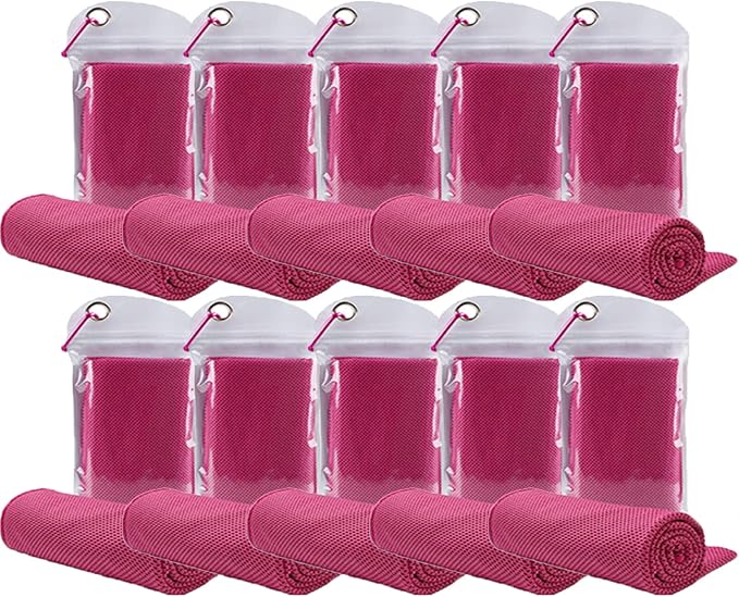10 Pack Cooling Towels Bulk Microfiber Ice Towel Quick Dry Breathable Chilly Sweat Towel Stay Cool for Neck Face Yoga Gym Workout Running Pilates Beach with Carabin Bag, 40x12'', Rose