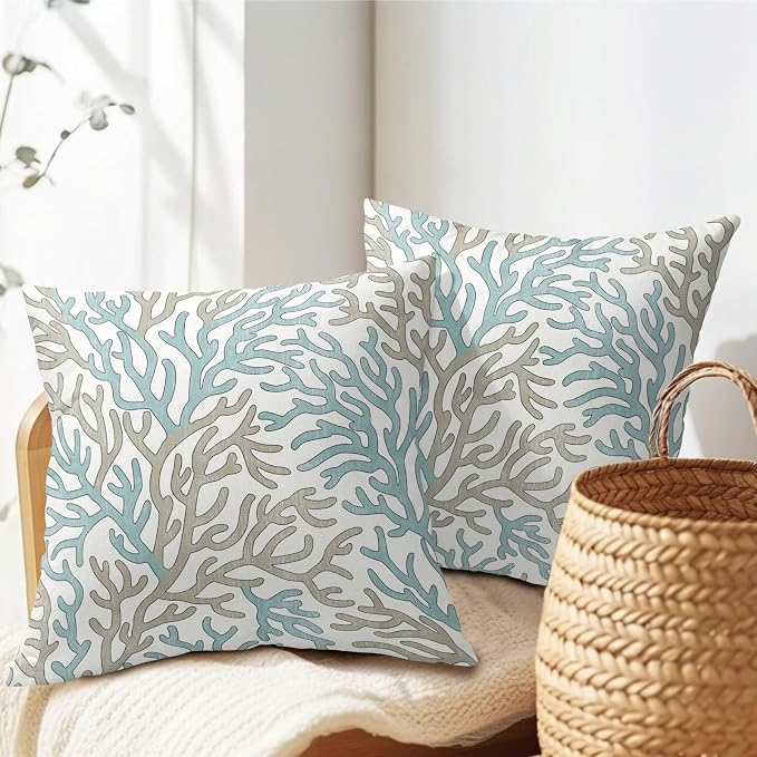 Nautical Coastal Coral Teal Tan White Pillow Covers 18x18 Inch Set of 2 Brown Summer Ocean Themed Beach Pillow Cases Outdoor Linen Square Cushion Cover Farmhouse Decor for Bedroom Home Sofa Couch Bed