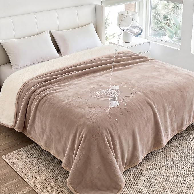 Luciphia Waterproof Pet Blanket, Washable Reversible Sherpa Fleece Throw | Liquid-proof furniture protector for bed and couch, soft reversible sherpa fleece for dogs, cats khaki, QUEEN