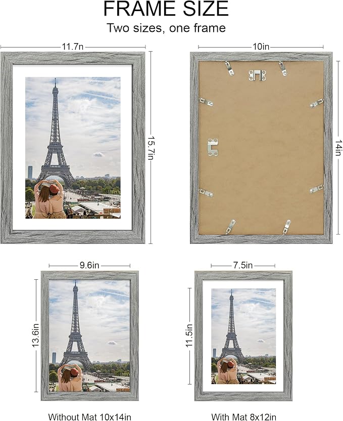 Hongkee 10x14 Picture Frame Set of 4, Made of Glass and Grey Wooden Frame, Display 8x12 Pictures with Mat or 30 x 40cm Diamond Painting Art without Mat for Wall Mounting, Gallery Photo Frames