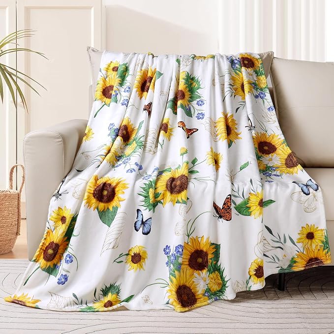 Sunflower Throw Blanket Ultra Soft Butterfly Floral Blanket Cozy Flannel Fleece Bed Blanket Lightweight Fuzzy Plush Flowers Couch Cover Sunflowers Gifts Throw Decor for Women Girls 60" X 80"