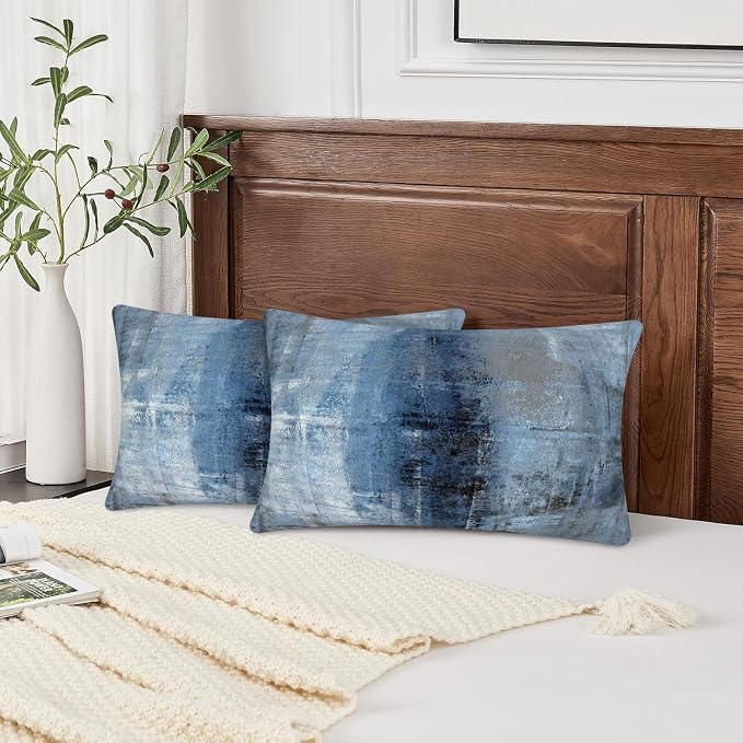 Blue and Grey Abstract Art Artwork Pillow Cover, Gallery Modern Decorative Throw Pillows Cushion Cover for Bedroom Sofa Living Room 12 x 20 Inch Set of 2