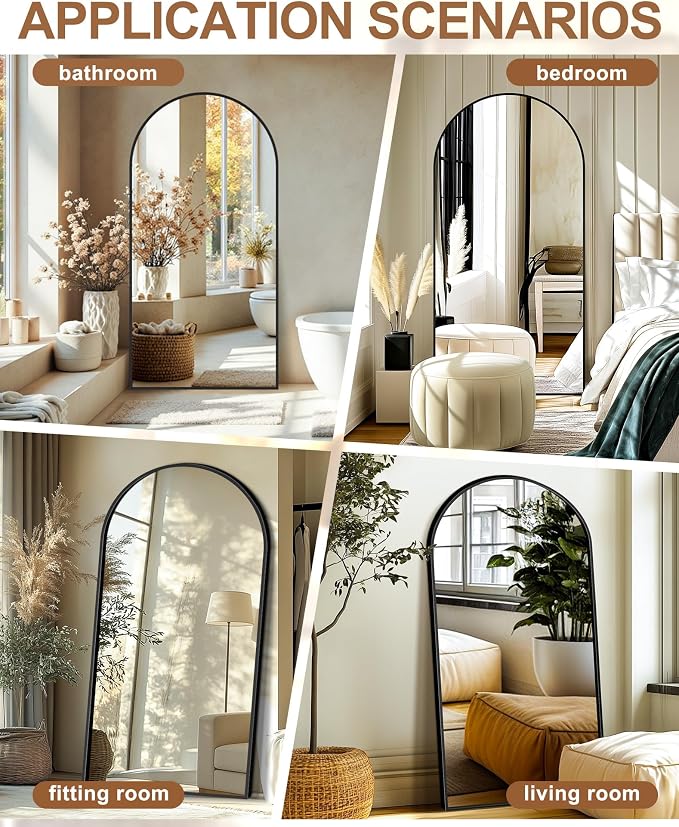 Arched Full Length Mirror with Stand, 70x35 Black Floor Mirror | Aluminium alloy frame with HD float glass for distortion-free reflection. Free standing or wall mounted.
