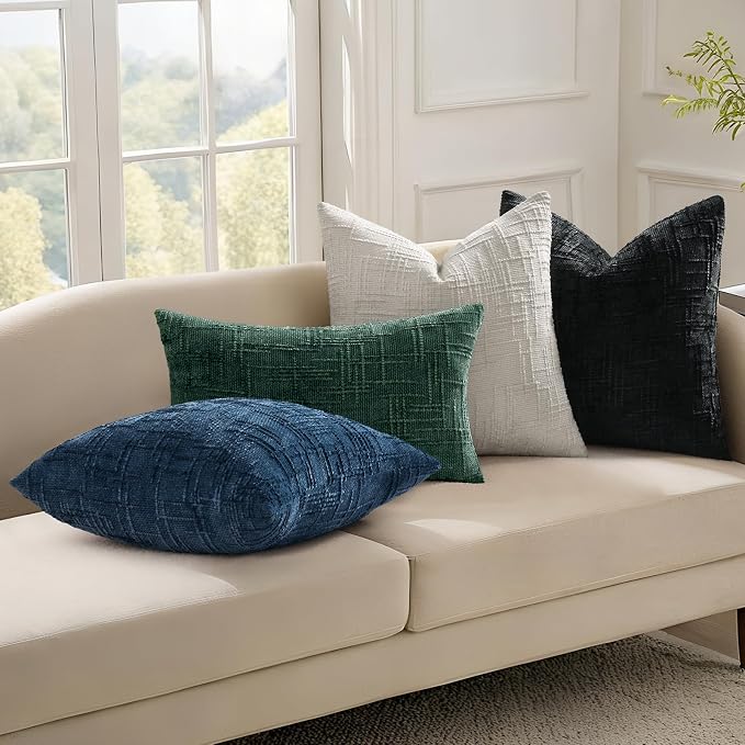 decorUhome Textured Chenille Throw Pillow Covers 26x26 Set of 2 Green | Fall Modern Farmhouse Soft Cozy Slubby Couch Pillow Cases Boho Decorative Pillow Cases for Bed Sofa Living Room Home Decor