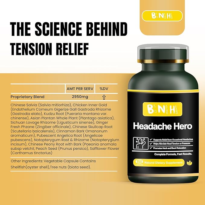 Headache Hero - Relaxes Head & Neck Muscles - Helps Prevent Future Migraines - Not for Immediate Relief - Improves Oxygen to Brain - 14 Natural Ingredients - Tension in Shoulders & Scalp - 150 Count