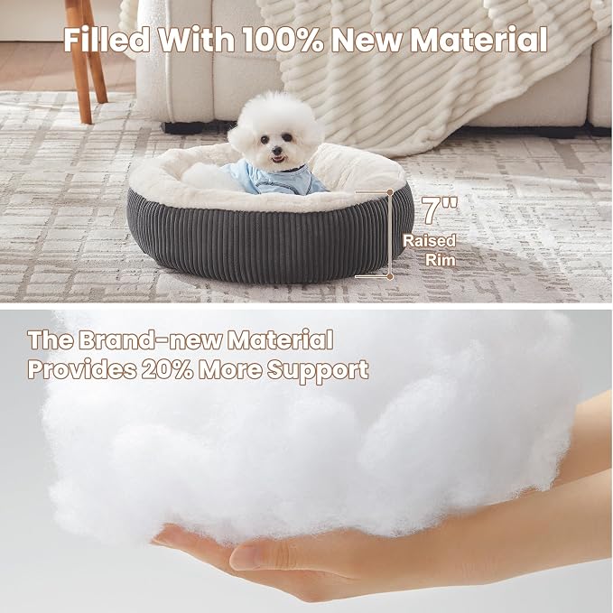 23 inches Calming Donut Dog Bed for Small Dogs,Dark Grey | Round Puppy Pet Bed with Removable&Washable Cover,Plush Faux Fur & Corduroy, Fits Pets up to 15 lbs