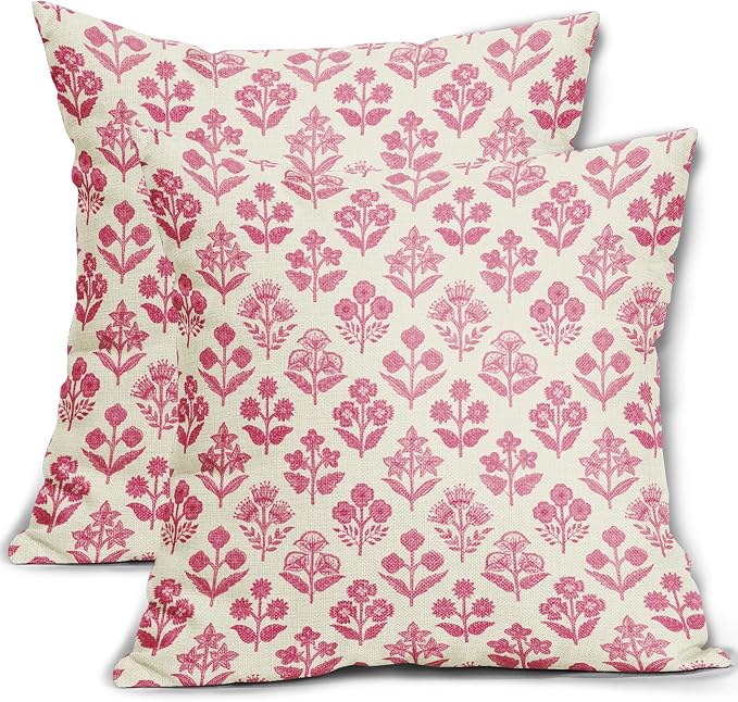 Hot Pink Floral Pillow Covers 24x24 Inch Set of 2, Vintage Flower Block Print Pattern Decorative Throw Pillowcases Outdoor Farmhouse Cushion Covers Spring Summer Rustic Sofa Couch Bed Decor
