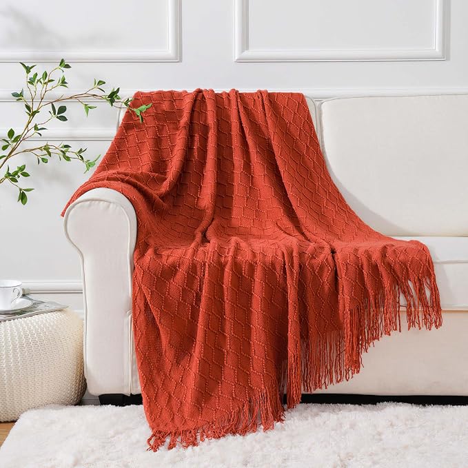 BATTILO HOME Rust Throw Blanket for Couch, 50" x 60", Acrylic Knit Woven Summer Blanket, Lightweight Decorative Soft Nap Throw with Tassel for Chair Bed Sofa Travel Picnic, Suitable for All Seasons