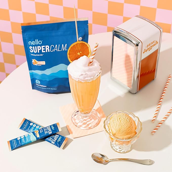 Nello Supercalm Drink Mix - Ashwagandha KSM 66, Magnesium Glycinate & L-Theanine Supplement - Ashwagandha Root Extract - Focus and Relaxation Support (20 Travel Packets) - Orange Creamsicle