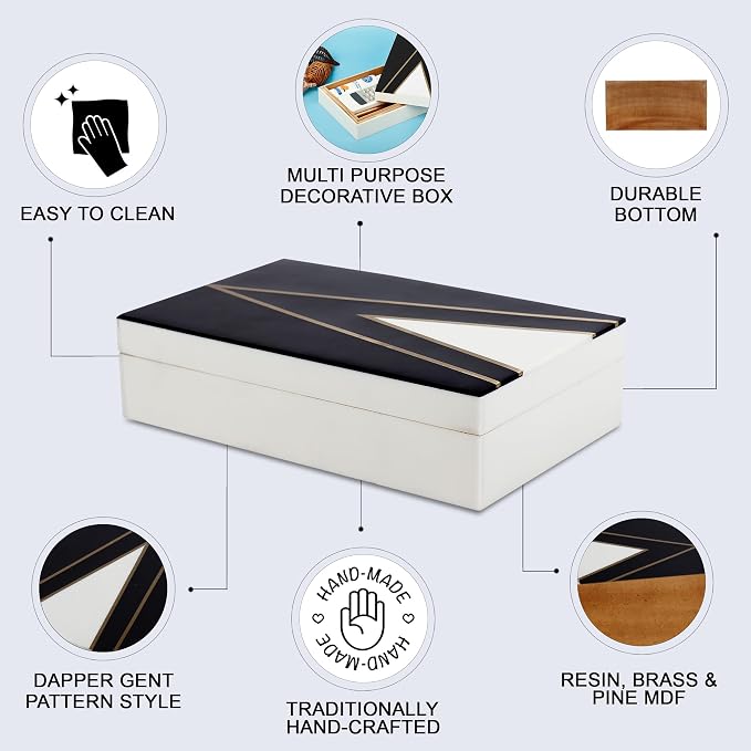Handicrafts Home Black and White Decorative Storage Box with Lid– Slim Rectangular Storage Box, Handmade Resin Inlay Wooden, Remote Holder, Desk Organizer, Decorative Keepsake & Jewelry Box- 6x8x1.5