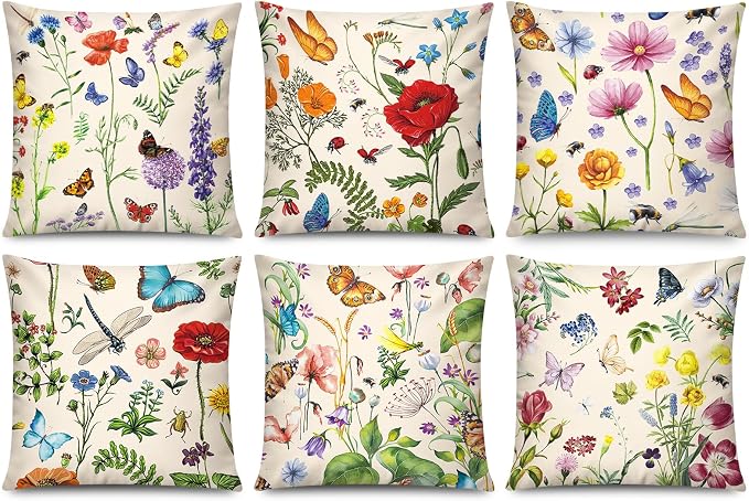 Spring Summer Throw Pillow Covers 18x18 Set of 6, Wildflower Nature Decor | spring summer floral bloom, Standard Throw Pillow Size, Breathable Linen, Neutral flower, Couch Sofa Living Room decor