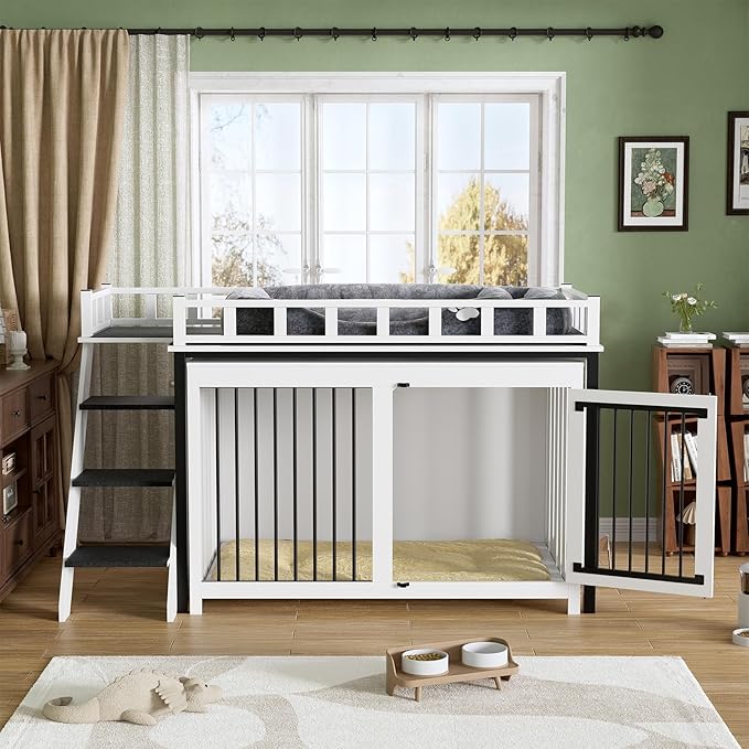 PakaLife Loft-Style Dog Crate Furniture with Double Doors, Heavy Duty Dog Kennel Indoor for Medium and Large Dogs, Wooden Pet House with Multi-Purpose Blanket and Fluffy Dog Bed