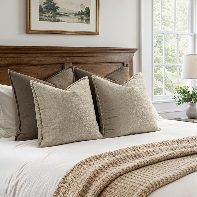 MIULEE Decorative Couch Throw Pillow Covers 18x18 Inch Light Taupe 2 Pack | Neutral Farmhouse Pillow Covers with Stitched Edge, Soft Chenille Cushion Cases, for Sofa Bed Living Room Home Decor