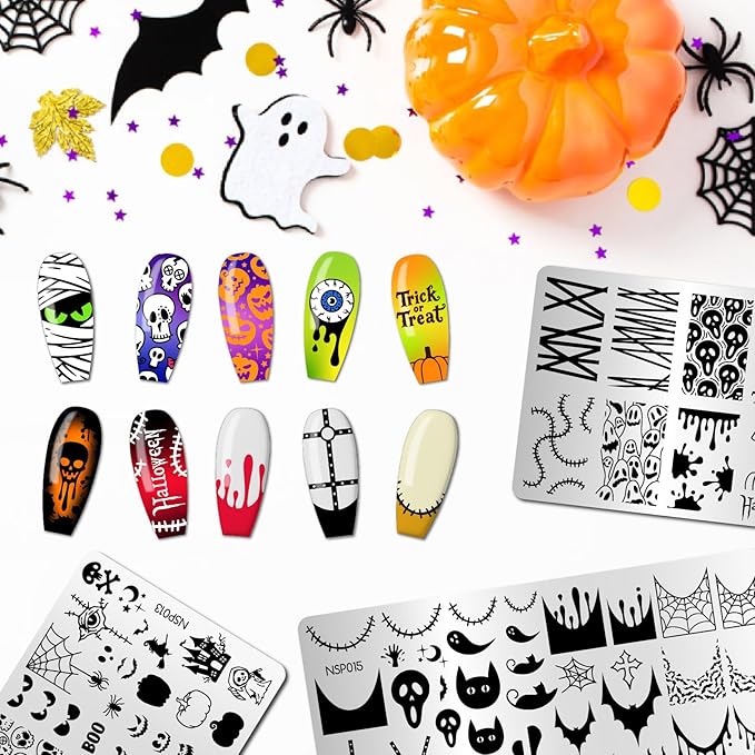 Arbuya Halloween Nail Art Stamping Plates Set of 3 - Mummy, Pumpkin, Bats, Skull, Blood Drops & French Tips - Stainless Steel Manicure Art Tools for DIY Print Manicure Salon Design Gift Supplies